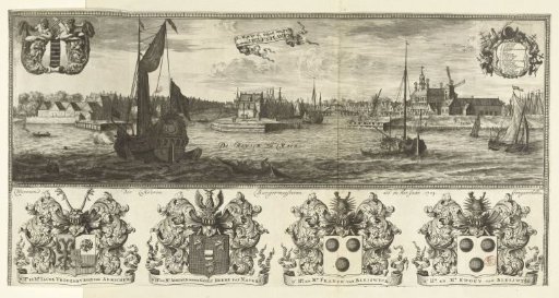 View of Delfshaven and the coats of arms of the Burgomasters of Delft in the year 1703