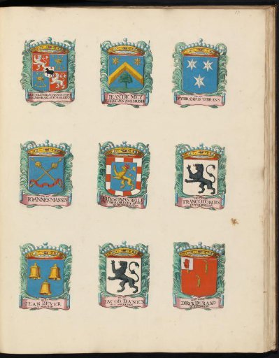 Nine coats of arms of councillors in the vroedschap of Rotterdam, with the coat of arms of IJsbrandus IJsbrands in the upper right