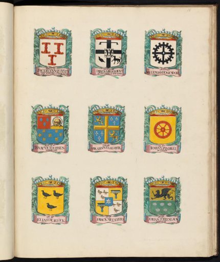Nine coats of arms of councillors in the vroedschap of Rotterdam, with the coat of arms of Willem Hogendorp in the upper right