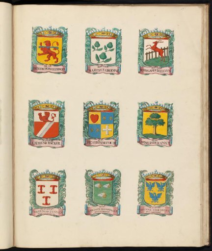 Nine coats of arms of councillors in the vroedschap of Rotterdam, with the coat of arms of Johan van der Hoeven in the upper right