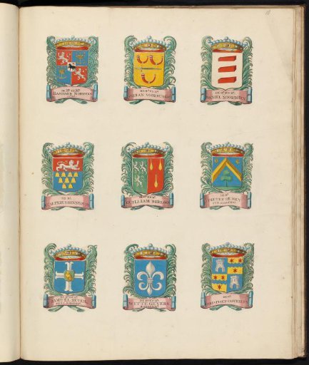 Nine coats of arms of councillors in the vroedschap of Rotterdam, with the coat of arms of Daniël Noordhey in the upper right