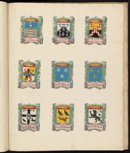 Nine coats of arms of councillors in the vroedschap of Rotterdam, with the coat of arms of Gerard van der Dussen in the upper right