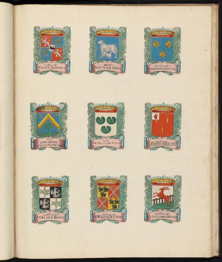 Nine coats of arms of councillors in the vroedschap of Rotterdam, with the coat of arms of Engelbert van Berckel in the upper right