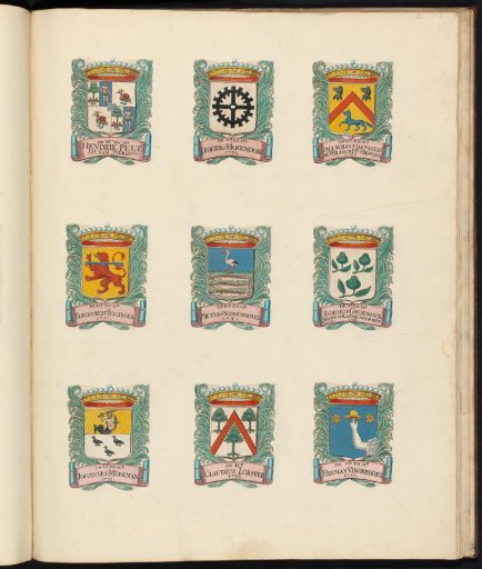 Nine coats of arms of councillors in the vroedschap of Rotterdam, with the coat of arms of Paul Sebastiaan le Leu de Wilhem in the upper right