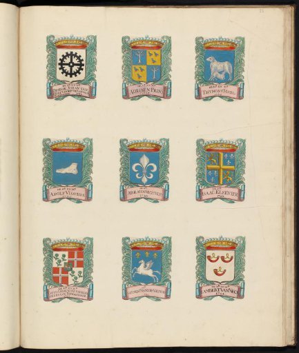 Nine coats of arms of councillors in the vroedschap of Rotterdam, with the coat of arms of Thimon van Meel in the upper right