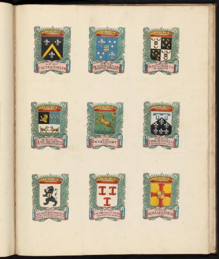 Nine coats of arms of councillors in the vroedschap of Rotterdam, with the coat of arms of Hugo Cornets de Groot in the upper right