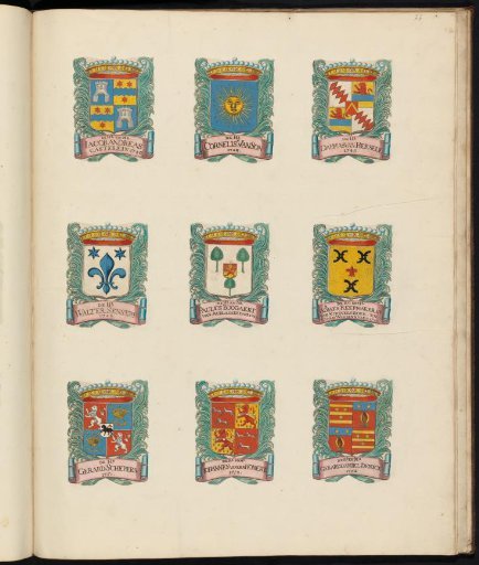 Nine coats of arms of councillors in the vroedschap of Rotterdam, with the coat of arms of Dammas van Hersele in the upper right