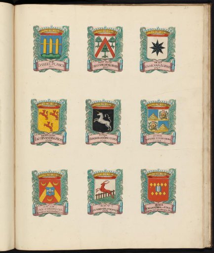 Nine coats of arms of councillors in the vroedschap of Rotterdam, with the coat of arms of Isaack van Alphen in the upper right