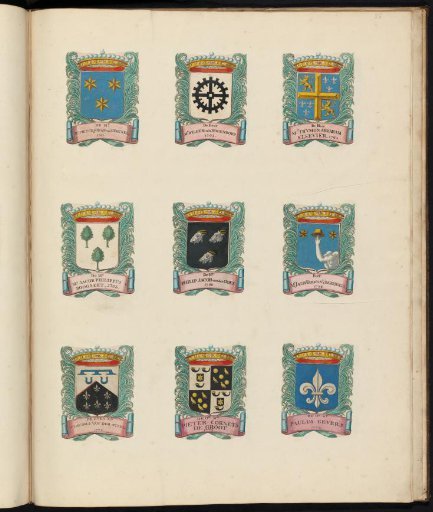 Nine coats of arms of councillors in the vroedschap of Rotterdam, with the coat of arms of Thimon Abraham Elsevier in the upper right