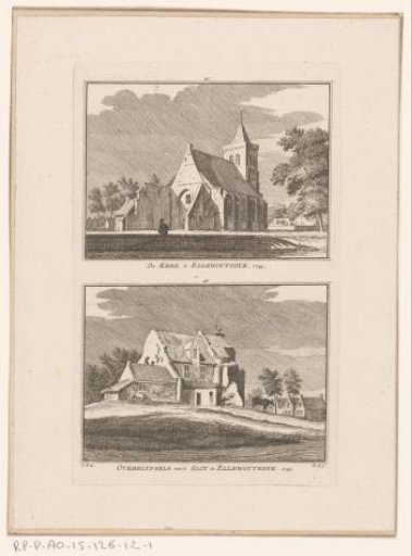 View of the church and view of the remains of the castle at Ellewoutsdijk, 1743