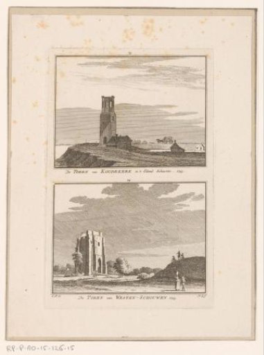 View of the church tower of Koudekerke and view of the church tower of Westenschouwen, 1743