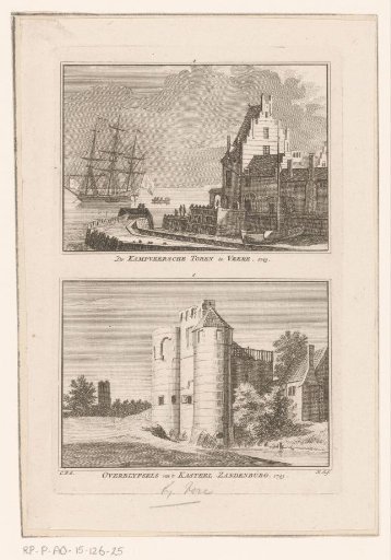View of the Campveerse Tower and view of the ruins of Slot Zandenburg, 1743