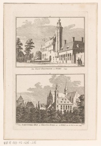 View of Slot Ostende and view of the Schuttershof and the Great Church at Goes