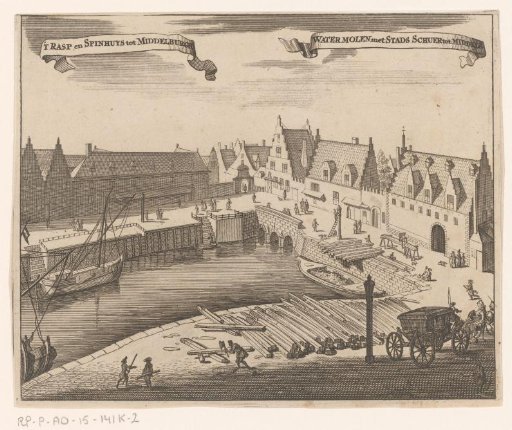 View of the Spinning and Rasping House, the Getijdenmolen, and the City Barn at Middelburg
