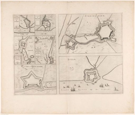 Fortress plans of Steenbergen, Fort Lillo, Fort Sint-Ambrosius, Fort Sint-Martijn, the Kruisdijkschans, Fort Sint-Jacob, Fort Stabroek, Fort van Pekgat and Fort Noordam
