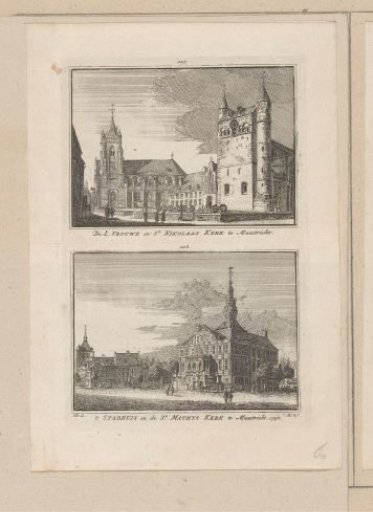View of the Basilica of Our Lady and the Church of Saint Nicholas and view of the town hall and the Church of Saint Matthew, in Maastricht, 1740