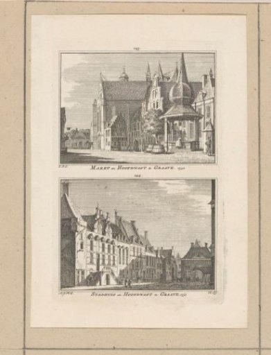 View of the market and the Guardhouse and view of the town hall and the Guardhouse in Grave, 1732