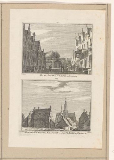 View of the Maaspoort and view of the nunnery, the St. Elisabeth Church and the Protestant Church in Grave, 1732
