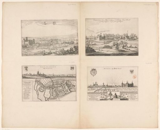 Views of Gavere, Herdersem and Ronse and a map of Ninove with a city view