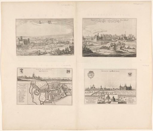 Views of Gavere, Herdersem and Ronse and a map of Ninove with a city view
