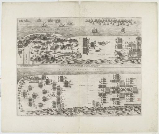 Two scenes; above: the States' army crosses the harbor at Nieuwpoort and the States' and Spanish armies facing each other on the beach at Nieuwpoort; below: the battle formations and first skirmishes between States' and Spanish soldiers on the beach at Nieuwpoort, 1600