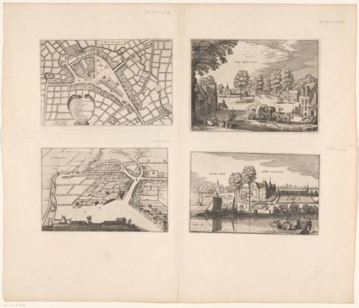 Map of Sint-Niklaas and views of Rupelmonde, the Castle of Temse, and Lokeren