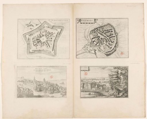 Map of Philippeville and Beaumont and a view of the Castle of l'Estriverie and the city of Lessen