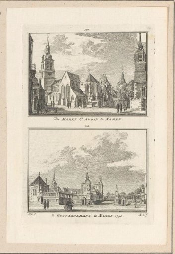 View of the market St. Aubin and a view of the government, at Namur, 1740