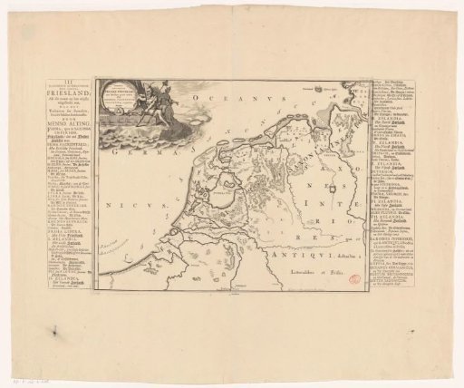 Historical map of the Netherlands with the territories of the Batavians and Frisians