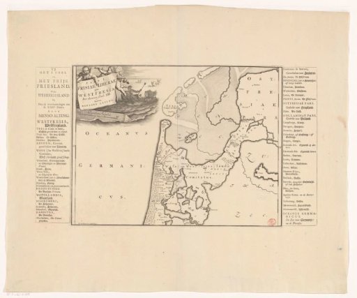 Historical map of the Netherlands with the territories of the Batavians and Frisians