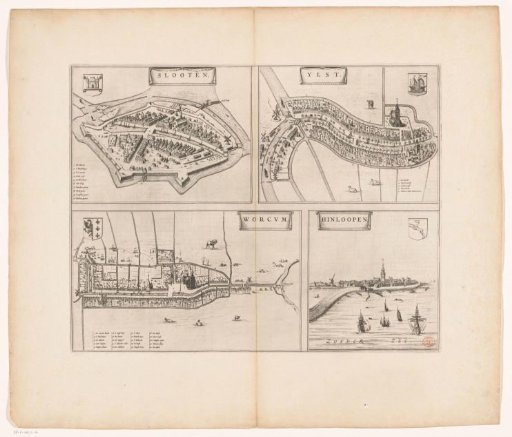 Plans of Sloten, IJlst and Workum, city view of Hindeloopen