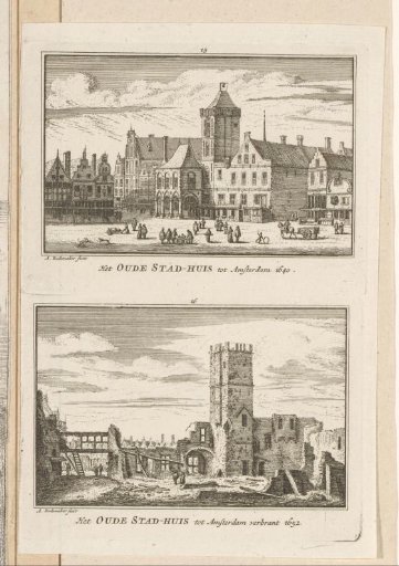Two views of the Old Town Hall of Amsterdam, before and after the fire of 1652