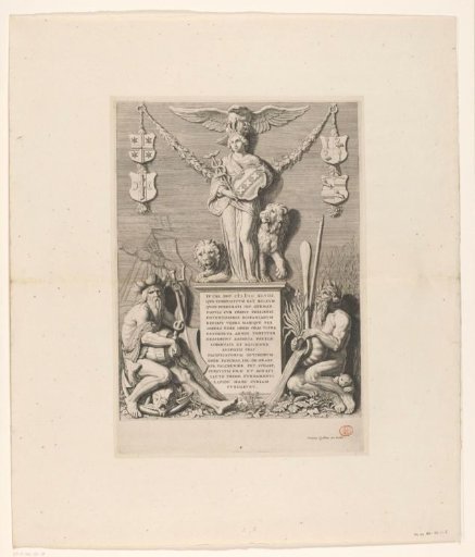 Sculptural group with the Amsterdam Maiden, river gods and inaugural inscription in the tribune of the Town Hall on the Dam
