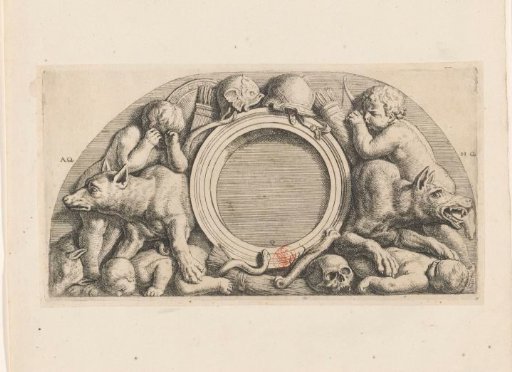 Lunette with putti, wolves, and armor in the western gallery of the Town Hall on the Dam