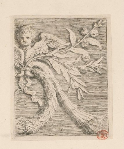 Ornament with cherub, laurel wreath and blossom branches for the vault in the Town Hall on the Dam