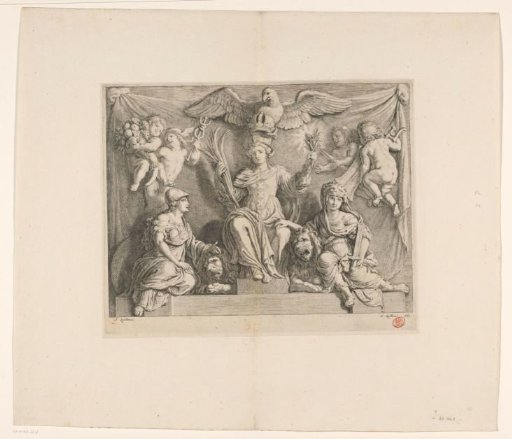 Sculpture group with allegory on the Strength of Amsterdam on the east side of the Citizens' Hall in the Town Hall on the Dam