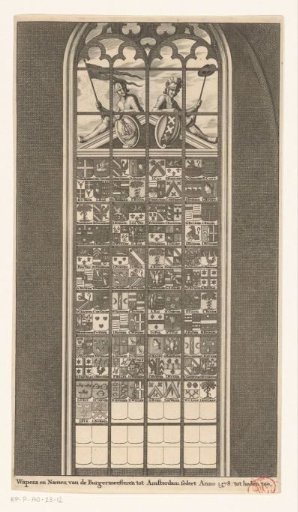 Stained-glass window with the coats of arms and names of the Amsterdam mayors (1578-1691) in the Old Church in Amsterdam