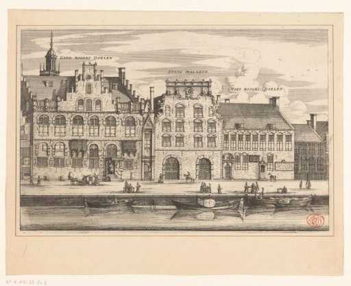 View of the Crossbow Doelen, the City Magazine (Bushuis) and the Longbow Doelen in Amsterdam