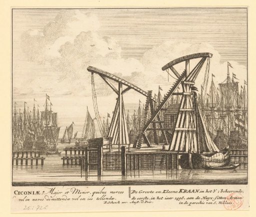 View of the two harbour or ship cranes in the IJ in Amsterdam