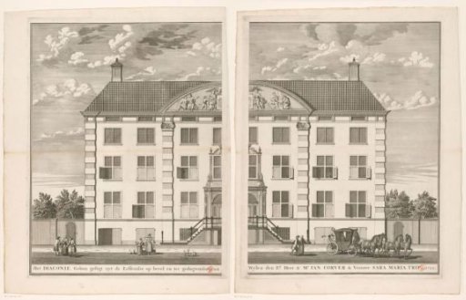 View of the front facade of the Corvershof in Amsterdam, consisting of two parts