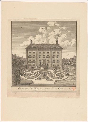 View of the rear facade and the parterre de broderie of Corvershof in Amsterdam
