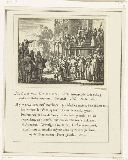Jacob van Campen with a mitre on his head on the scaffold in Amsterdam, 1535