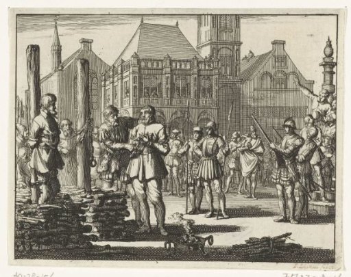 Pieter Pietersz. Bekjen, bound to the stake with a fellow sufferer, is encouraged from the stoop of the Waag by Willem Jansz., 1569