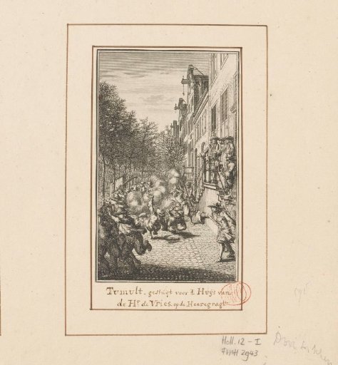 Civic Guard drives away the rioters during the Aansprekers Uprising, 1696
