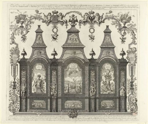 Allegorical structure for the fireworks to celebrate the Peace of Nystad on the Binnen-Amstel in Amsterdam