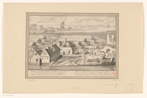 Ruins of the three burnt flax scutching mills on the rampart at the Smallepadsgracht, 1680