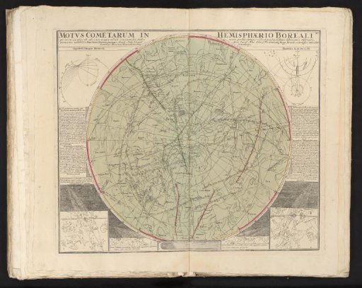 Celestial map with the northern constellations and the paths of various comets