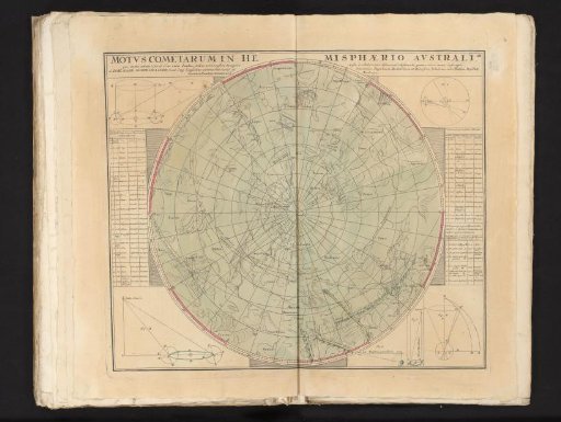 Celestial map with the southern constellations and the paths of various comets