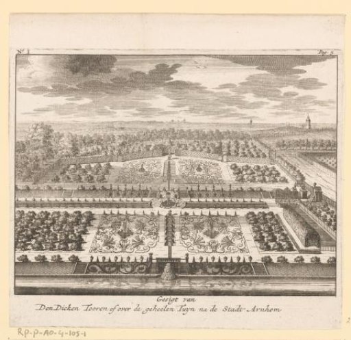 View of the gardens of Rosendael Castle, from the Dikke Toren