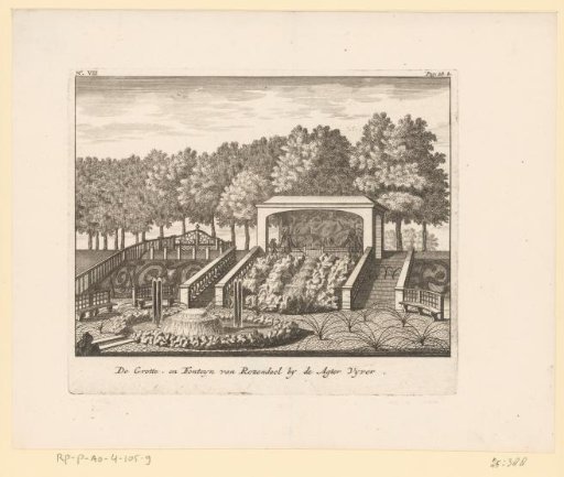 View of the grotto and fountain by the rear pond of Rosendael Castle